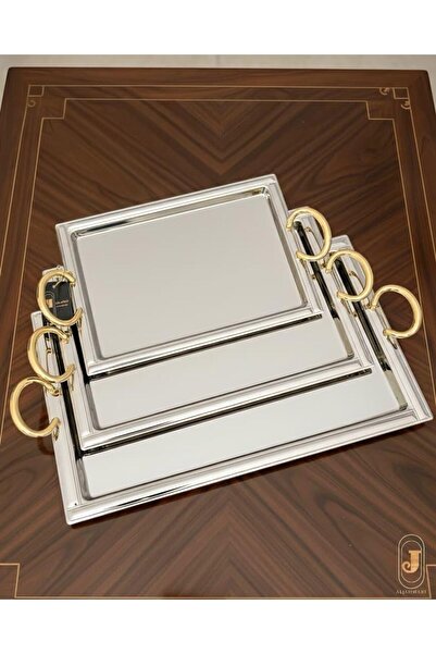 aljahwari Serving tray set, 3 sizes, nickel finish, gold handle