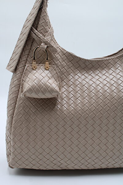 LASSO Women's Beige Large Size Adjustable Shoulder Strap Knitted Leather Hand and Shoulder Bag