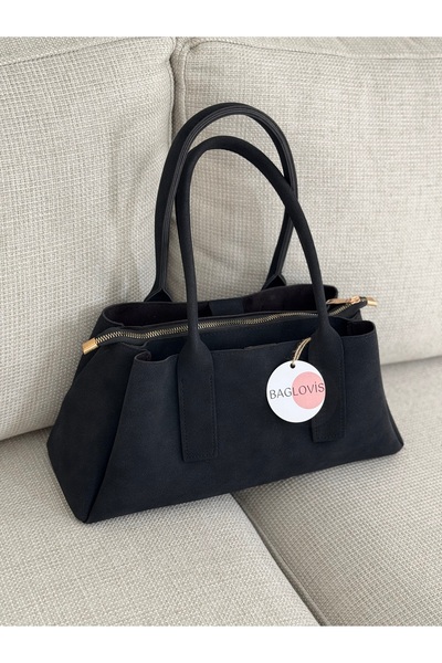 BAGLOVİS Black Suede Women's Shoulder and Shoulder Bag En32 Boy16