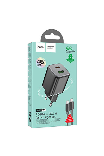 Hoco Φορτιστής ρεύματος (N41) + Καλώδιο USB-C, 20W, 1xUSB-C, 1xUSB-A, PD, QC ...