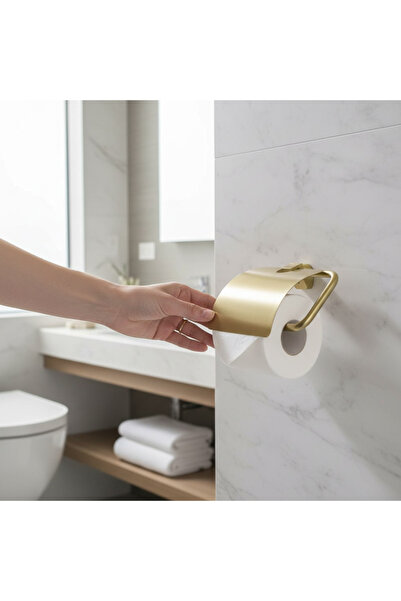 İSAOĞLU YAPI Toilet Paper Holder Matte Gold Modern Design Stainless Steel Brushed Gold Lid Paper Holder