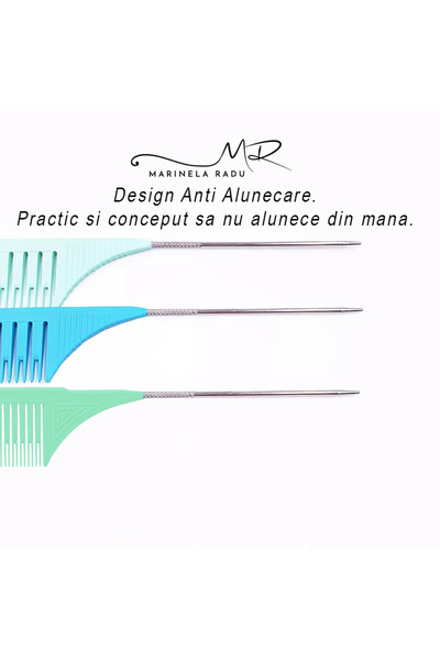 Marinela Radu Set of 3 Professional Balayage Combs with Anti-Slip Metal Tail, 25.5 x 3.5 cm, Multicolor