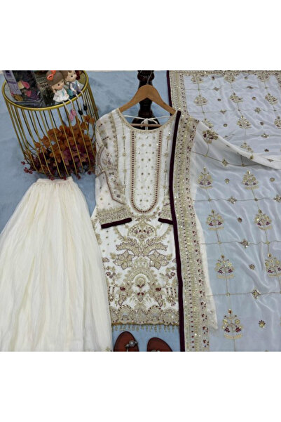 MYSMAR White Faux Georgette Kameez Salwar & Dupatta - HRT5855 | White