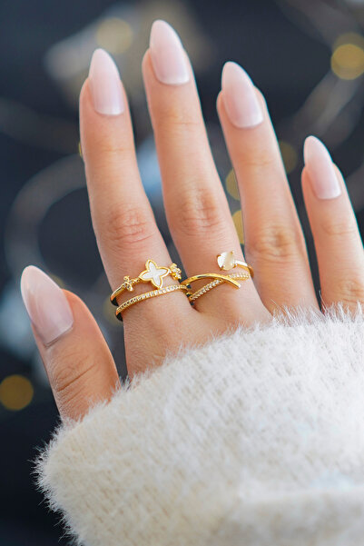 Si moda 2'li Yonca & Sade Işıltı İnci Taşlı Gold Yüzük Seti