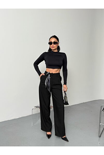 LB Laluna Butik Women's High Waist Pleated Scarf Detailed Palazzo Pants