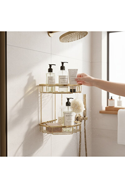 İSAOĞLU YAPI Bathroom Shampoo Holder Matte Gold Double Shampoo Rack Brass Material Rustproof Matte Gold