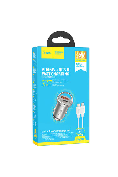 Hoco Încărcător Auto (NZ10) + Cablu Lightning, 1m, 45W, 1xUSB, 1xUSB-A, PD, QC 3.0, Argintiu