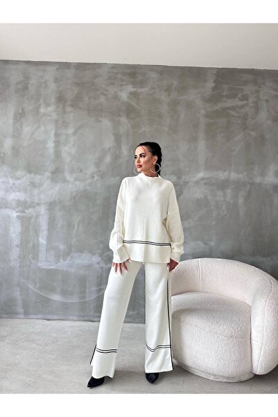 manana fashion Half Fisherman Stripe Detailed Sweater Pants Winter Two-Piece Set