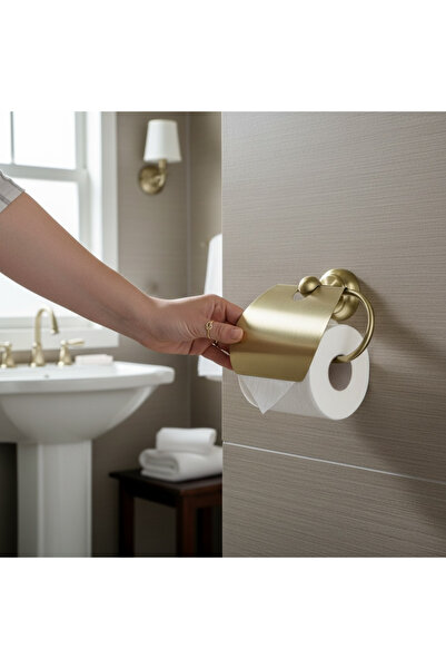 İSAOĞLU YAPI Matte Gold Vintage Toilet Paper Holder Classic Design Matte Gold Brushed Gold Brass Material Rustproof