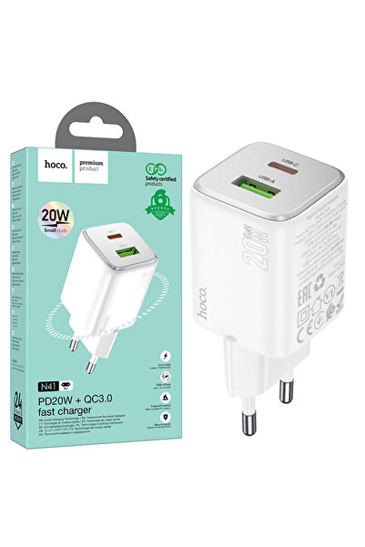 Hoco Τροφοδοτικό (N41), 20W, 1xUSB-C, 1xUSB-A, PD, QC 3.0, Λευκό