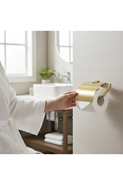 İSAOĞLU YAPI Toilet Paper Holder Matte Gold Modern Design Stainless Steel Brushed Gold Lid Paper Holder