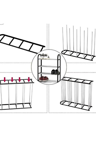OEM Living Room Shoe Rack, 4 Levels, for 8 Pairs, Chrome Metal, Black