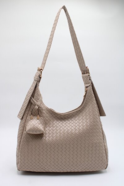 LASSO Women's Beige Large Size Adjustable Shoulder Strap Knitted Leather Hand and Shoulder Bag