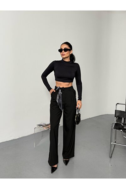 LB Laluna Butik Women's High Waist Pleated Scarf Detailed Palazzo Pants