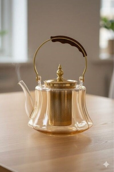 morponi Heat Resistant Borosilicate Amber Glass Teapot with Wooden Handle – 1200 ml Glass Teapot with Strainer