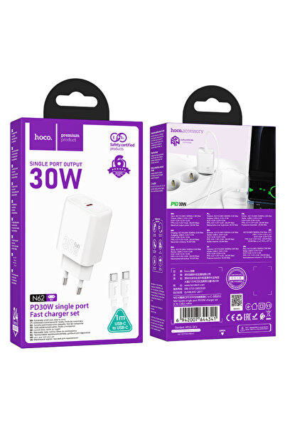 Hoco Incarcator Retea (N62) + Cablu USB-C, 1m, PD30W, 1xUSB-C, 1xUSB-A, White
