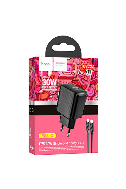 Hoco Incarcator Retea (CS22A) + Cablu Lightning, 1m, PD30W, 1xUSB-C, QC/FCP/A...