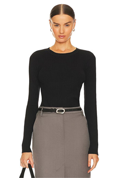 MetuCA Women's Black Crew Neck Long Sleeve Double Layer Sandy Fabric Basic Bl...