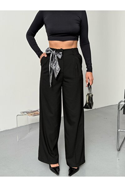 LB Laluna Butik Women's High Waist Pleated Scarf Detailed Palazzo Pants