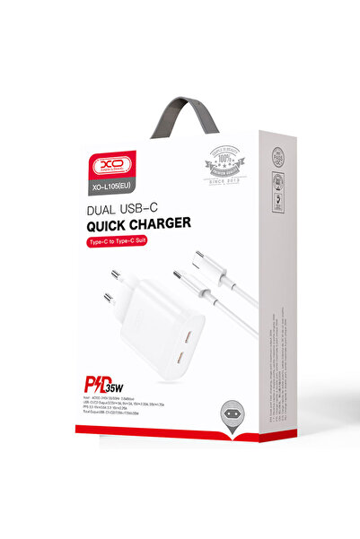 Xo Incarcator Retea (L105) + Cablu USB-C, 35W, 2xUSB-C, PD, White