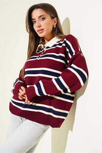 MODAM DENSTINY Çizgili Düğmeli Polo Yaka Kadın Triko Kazak