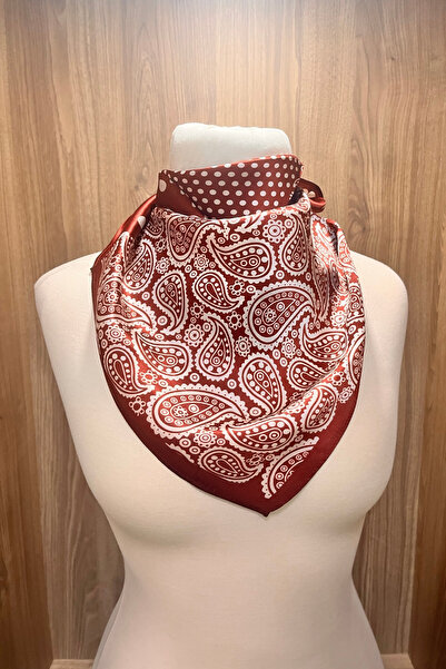 Taşhan Çarşı İpel Lüks İpek Fular - Bordo/Kırmızı Beyaz Paisley Desenli, Kare...