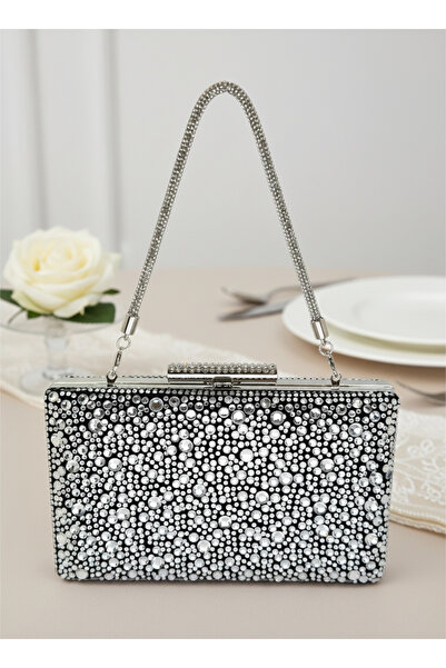 Biçanta Luxury Black Suede 5 Size Silver Crystal Stone Embroidered Evening Dress Bag |   Wedding and Evening Clutch