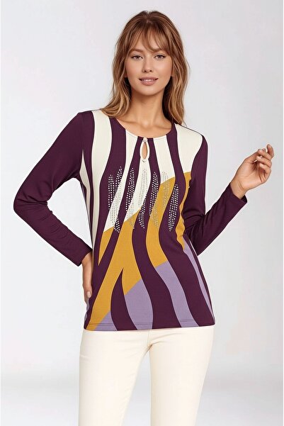 MAMAYAGA Women's Crew Neck Stretchy Patterned Stone Viscose Long Sleeve Curve Plus Size Blouse