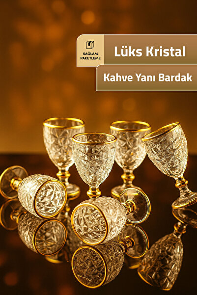 Mutfiko Kahve Yanı Bardağı Altın Yaldızlı Kristal Tasarım Premium 6’lı Set