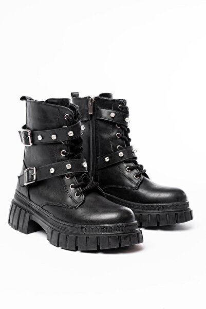 Zerenyus Zri̇n842-03 Premium Black Thick Soled Lace-Up Zippered Casual Women's Boots