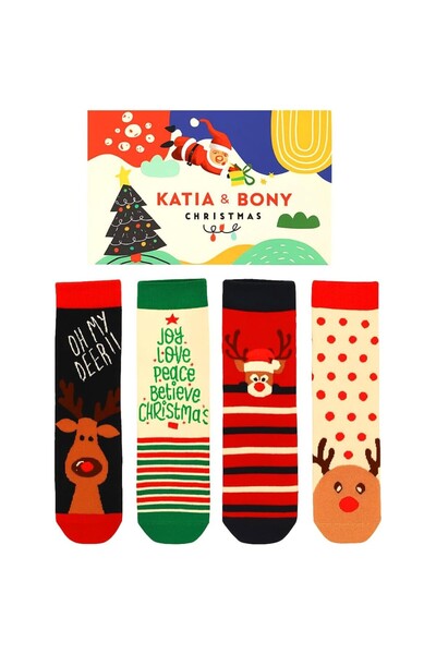 AyrStore Yılbaşı Desenli 4’lü Unisex Soket Çorap Seti – Hediye Kutulu Noel Ço...
