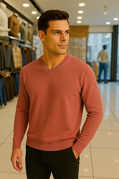 Maccali Men's Casual Basic Loose Pink Long Sleeve V-Neck Sweater