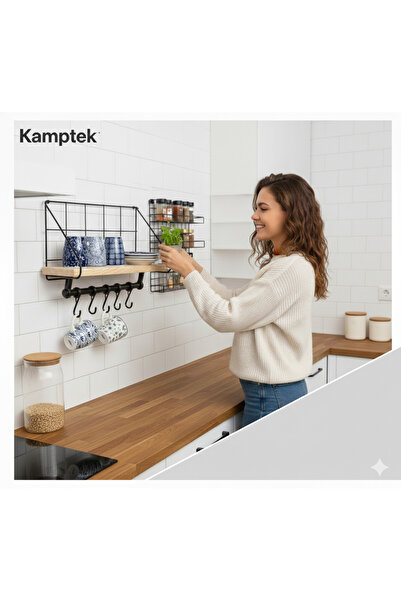 kamptek kamp teknolojisi Ahşap Raf Metal Askılıklı Tasarım Kahve Köşesi Fonksiyonel Raf Mutfak Duvar Rafı