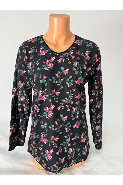 YAŞAR TRİKO Women's Black Floral Patterned U-Neck Long Sleeve Side Slit Suede Mother Combed Cotton T-Shirt