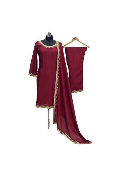MYSMAR Maroon Chinnon Silk Salwar Kameez & Dupatta - HRT2522 | Maroon