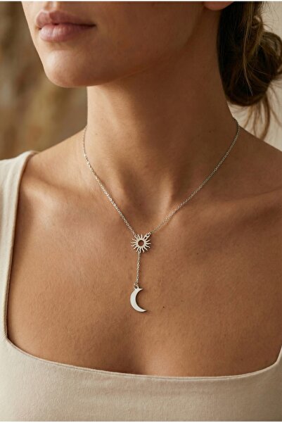neshely jewelry 925 Ayar Orjinal Gümüş Hilal Ay ve Güneş Detaylı Gümüş Kolye