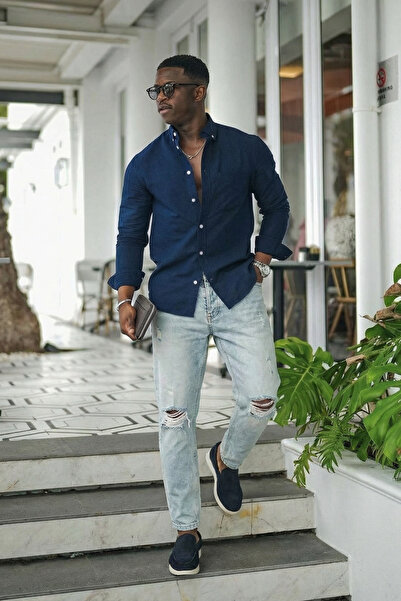 MADZEYMODA Men's Denim Fabric Snow Wash Boyfriend Fit Ripped Detail Jean Denim Pants Sd-095