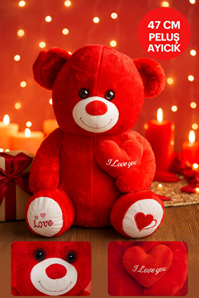 TOYFEST 47 cm Kırmızı Peluş Ayıcık I Love You Kalpli Hediye Oyuncak Kırmızı