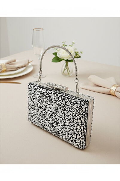 Biçanta Luxury Black Suede 5 Size Silver Crystal Stone Embroidered Evening Dress Bag |   Wedding and Evening Clutch