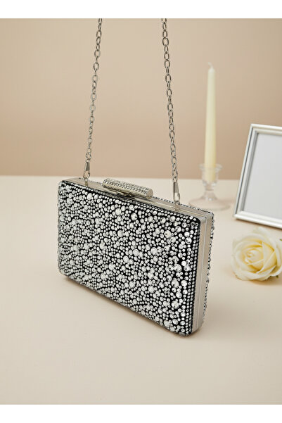 Biçanta Luxury Black Suede 5 Size Silver Crystal Stone Embroidered Evening Dress Bag |   Wedding and Evening Clutch
