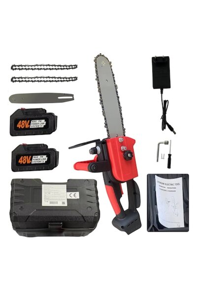 Campion Mini portable electric chainsaw (cordless), 2 high-capacity batteries, 1 chain, 12-inch bar, red