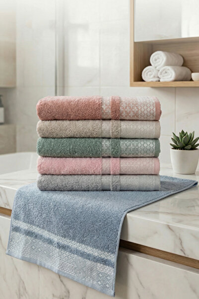 New Cotton Home طقم مناشف يد ووجه ورأس من القطن الطبيعي بنمط هندسي مكون من 6 ...