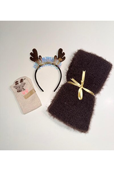 VitVit0716 Hediye Seti / Özel Kutulu (El örgüsü atkı, çorap ve yılbaşı tacı)