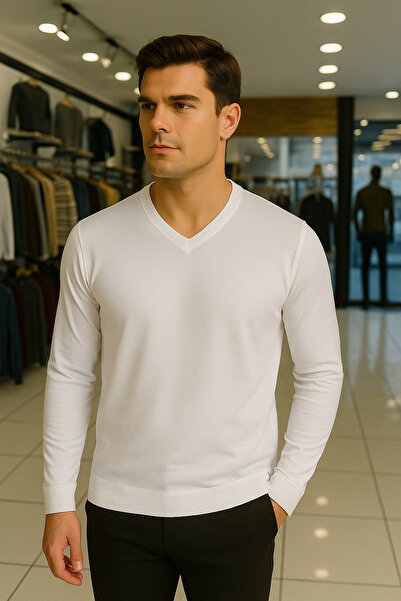 Maccali Men's Casual Basic Loose White Long Sleeve V-Neck Sweater