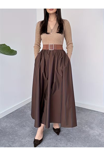 MaxiMor Women's Brown Flowy Maxi Skirt with Side Pockets 4 Transitional Lacquer Fabric Length 95 cm