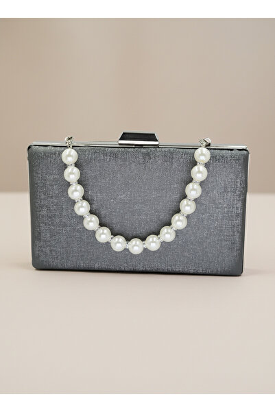 Biçanta Anthracite Gray Platinum Color Matte Anti-Scratch Leather Pearl Detailed Wedding Engagement Graduation