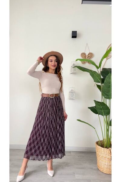 modadagiyim Women's Plaid Patterned Wrinkled Effect Lined Belted Midi Chiffon Skirt