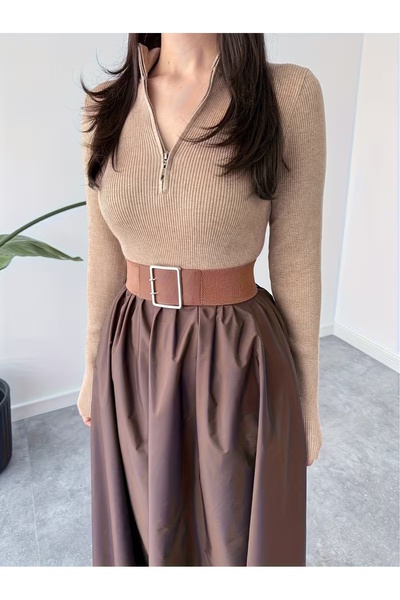 MaxiMor Women's Brown Flowy Maxi Skirt with Side Pockets 4 Transitional Lacquer Fabric Length 95 cm