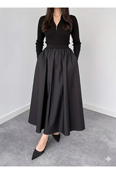 MaxiMor Women's Black Color Flowy Maxi Skirt with Side Pockets 4 Transitional Lacquer Fabric Length 95 cm