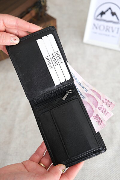 Norvi Leather Ay Yildiz Special Printed Leather Wallet - Genuine Leather Wallet with Coin Compartment Bright Black 1242